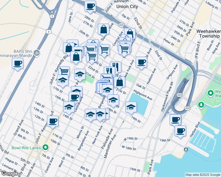 map of restaurants, bars, coffee shops, grocery stores, and more near 2025 Bergenline Avenue in Union City