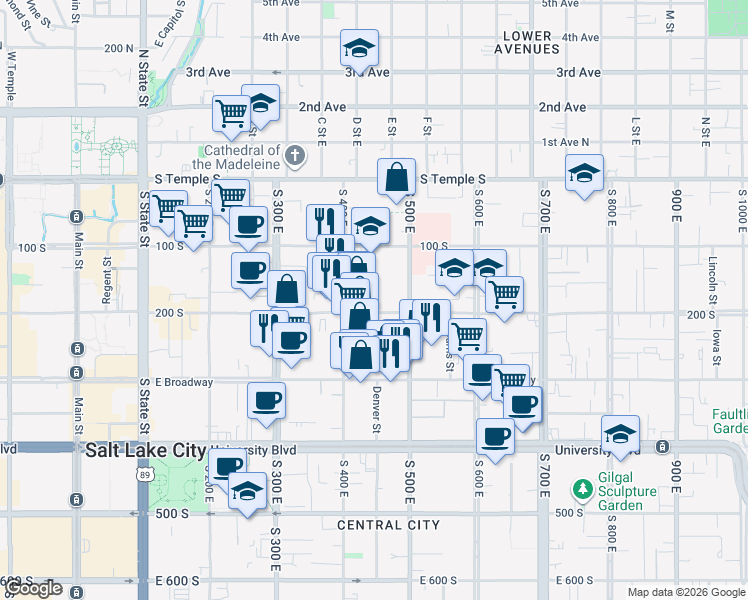 map of restaurants, bars, coffee shops, grocery stores, and more near 165 South 400 East in Salt Lake City