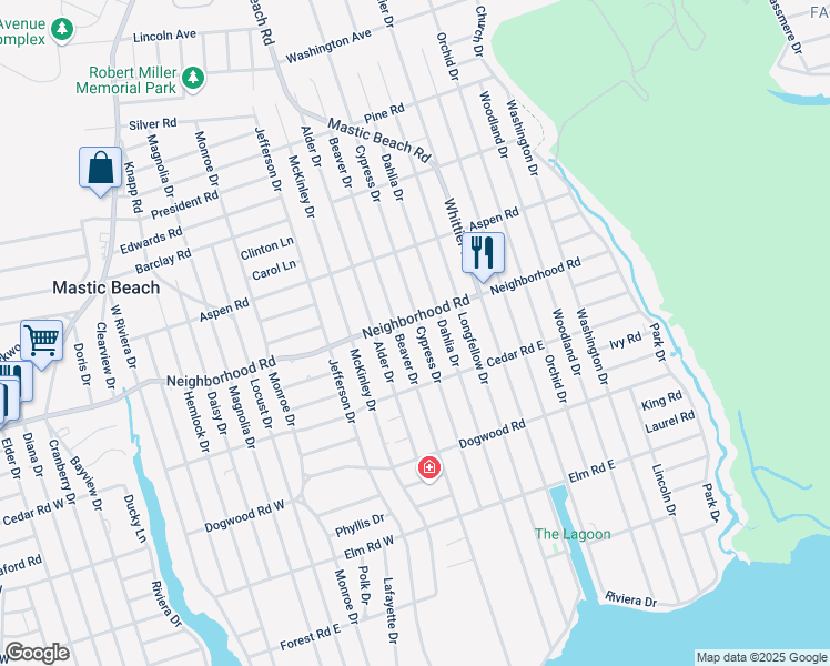 map of restaurants, bars, coffee shops, grocery stores, and more near 146 Cypress Drive in Mastic Beach