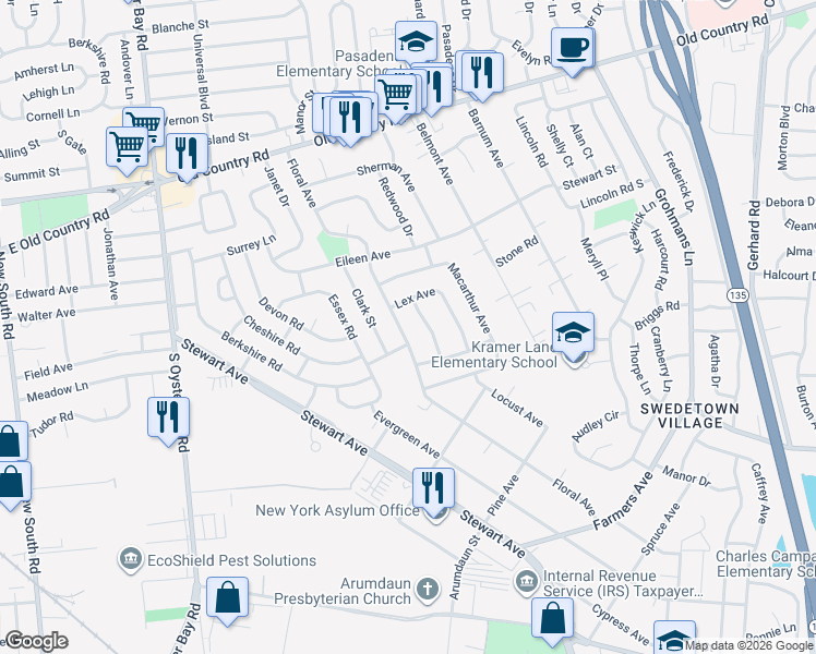 map of restaurants, bars, coffee shops, grocery stores, and more near 8 Bradley Street in Plainview