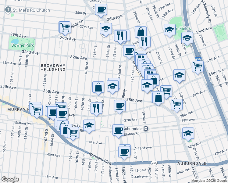map of restaurants, bars, coffee shops, grocery stores, and more near 171-11 35th Avenue in Queens