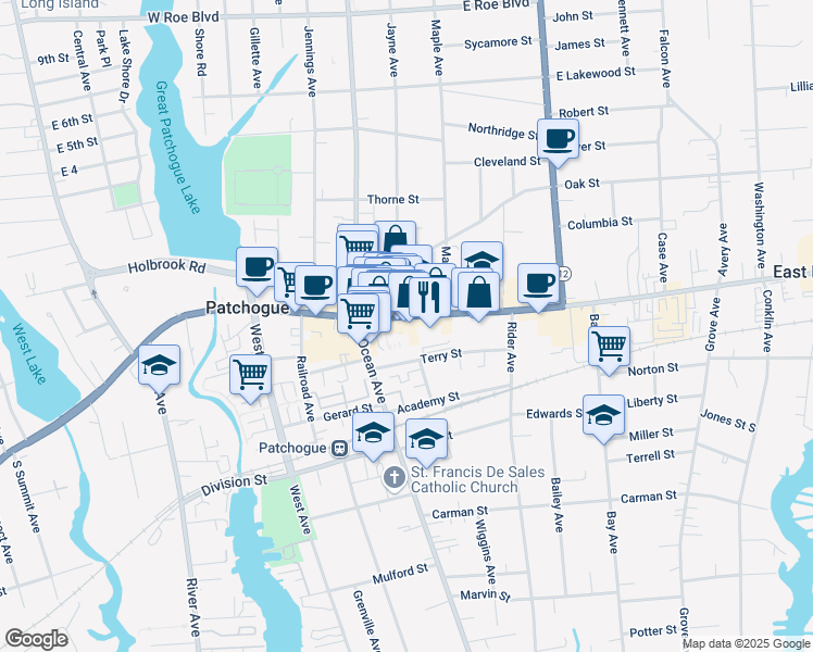 map of restaurants, bars, coffee shops, grocery stores, and more near 116 East Main Street in Patchogue