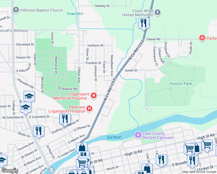 map of restaurants, bars, coffee shops, grocery stores, and more near 1401 North Co Road 125 East in Logansport