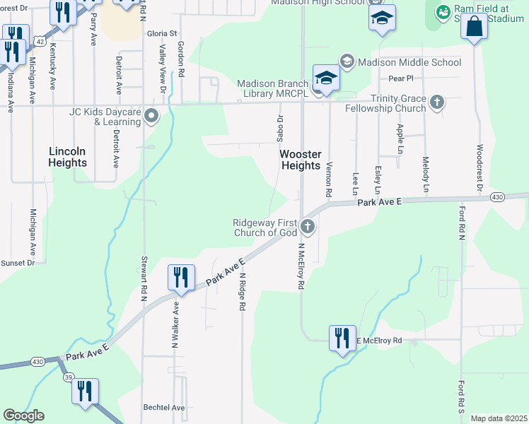 map of restaurants, bars, coffee shops, grocery stores, and more near 1351 Park Avenue East in Mansfield