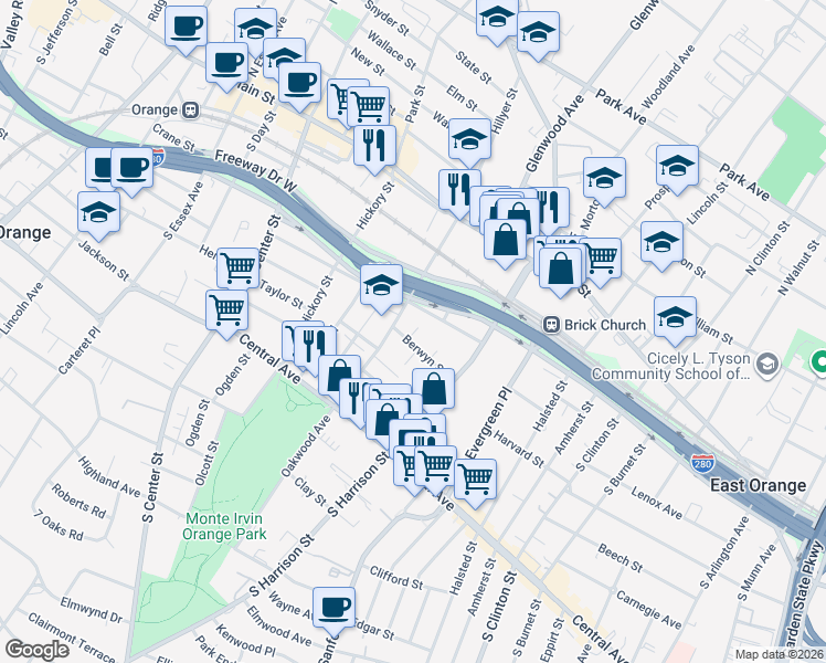 map of restaurants, bars, coffee shops, grocery stores, and more near 47 Berwyn Street in City of Orange