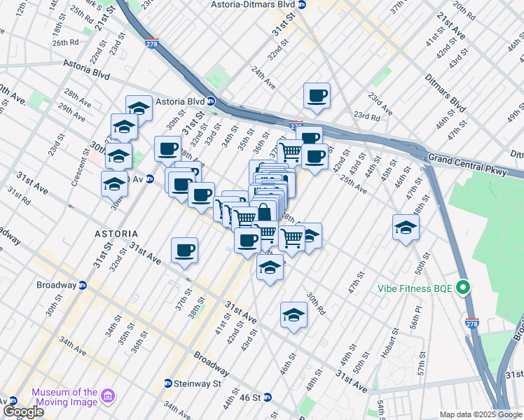map of restaurants, bars, coffee shops, grocery stores, and more near in Queens