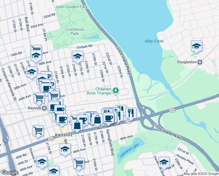 map of restaurants, bars, coffee shops, grocery stores, and more near 40-02 221st Street in Queens