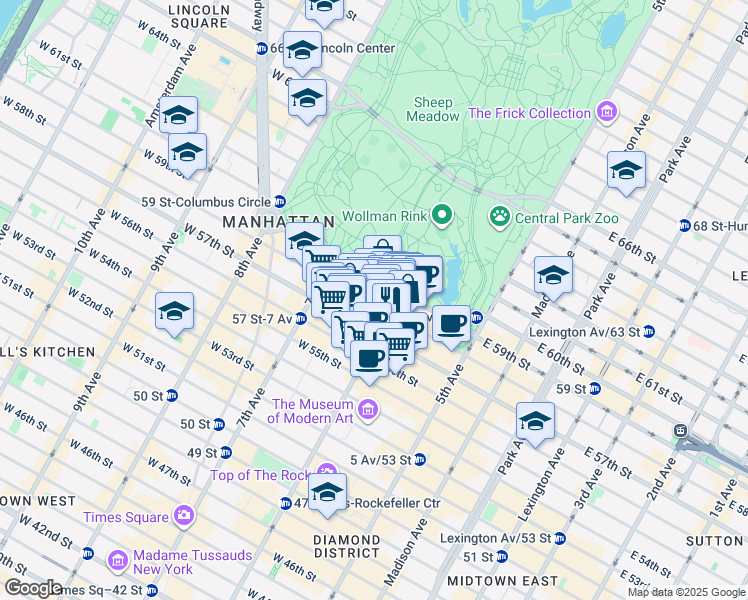 map of restaurants, bars, coffee shops, grocery stores, and more near 117 West 58th Street in New York