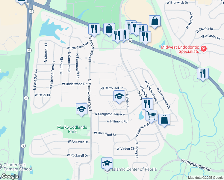 map of restaurants, bars, coffee shops, grocery stores, and more near 4116 West Carrousel Lane in Peoria