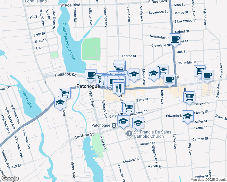 map of restaurants, bars, coffee shops, grocery stores, and more near 8 West Main Street in Patchogue