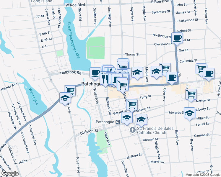 map of restaurants, bars, coffee shops, grocery stores, and more near 76 West Main Street in Patchogue