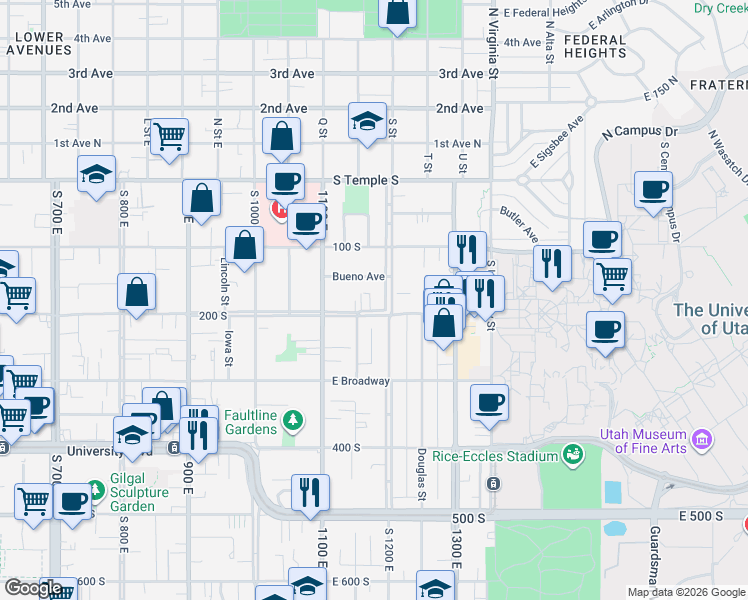 map of restaurants, bars, coffee shops, grocery stores, and more near 1169 East 200 South in Salt Lake City