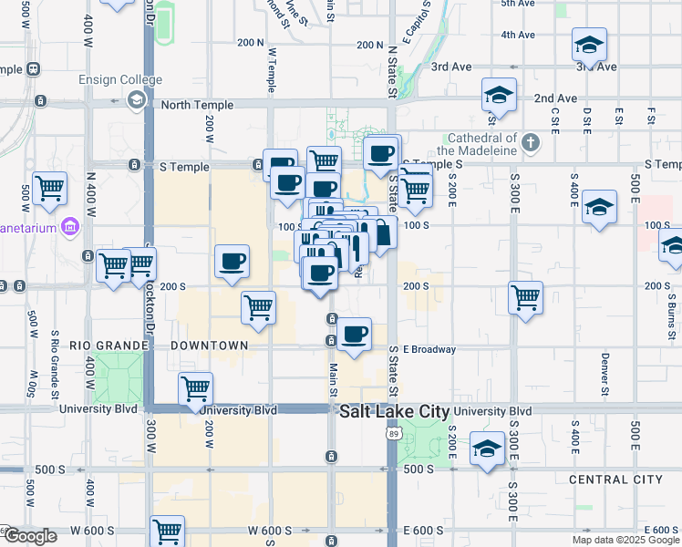map of restaurants, bars, coffee shops, grocery stores, and more near 176 South Main Street in Salt Lake City