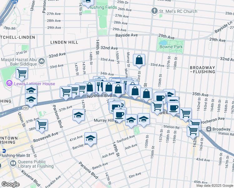 map of restaurants, bars, coffee shops, grocery stores, and more near 150-03 Northern Boulevard in Queens