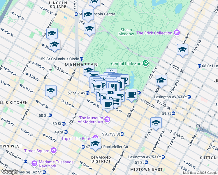 map of restaurants, bars, coffee shops, grocery stores, and more near 119 West 58th Street in New York