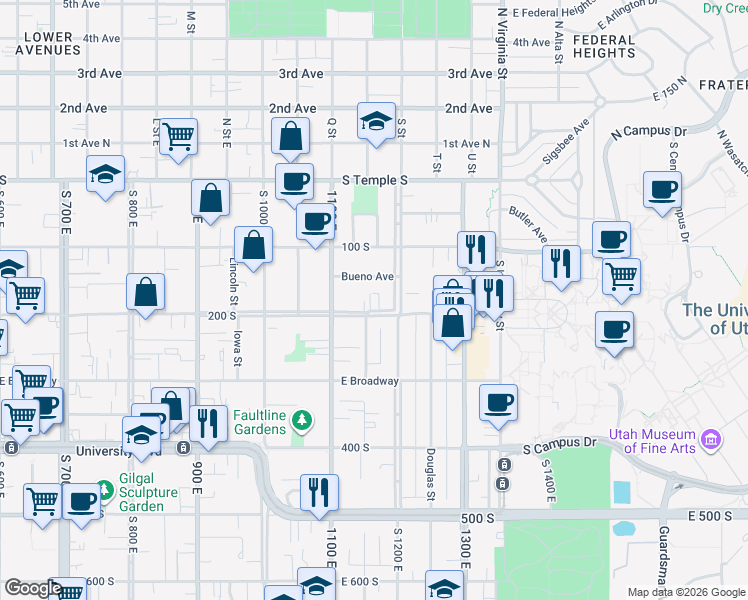 map of restaurants, bars, coffee shops, grocery stores, and more near 1147 East 200 South in Salt Lake City