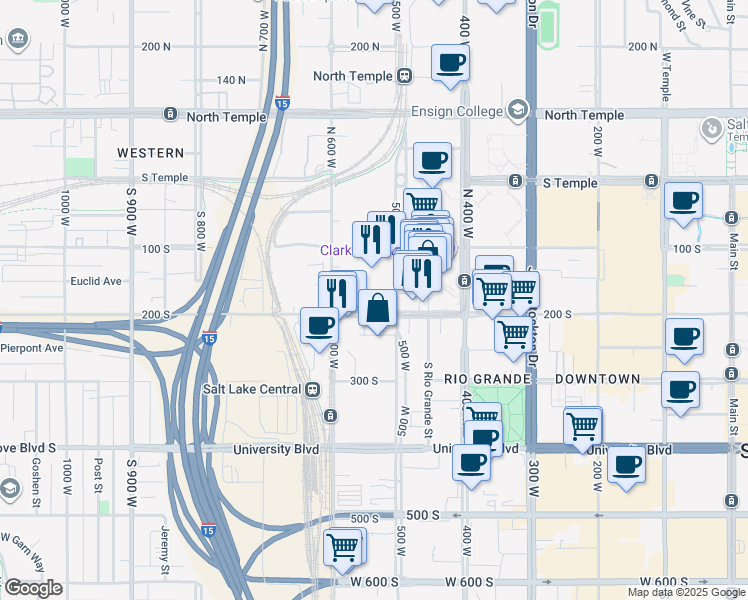 map of restaurants, bars, coffee shops, grocery stores, and more near in Salt Lake City
