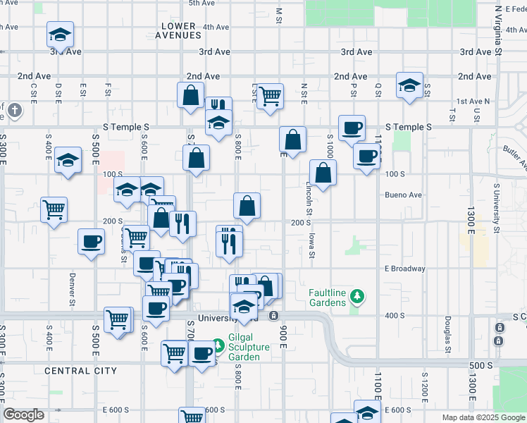 map of restaurants, bars, coffee shops, grocery stores, and more near 165 Dooley Court East in Salt Lake City