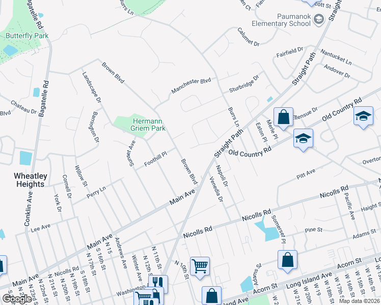 map of restaurants, bars, coffee shops, grocery stores, and more near 20 Nottingham Drive in Wheatley Heights