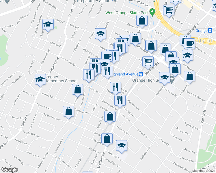 map of restaurants, bars, coffee shops, grocery stores, and more near 474 Valley Street in City of Orange
