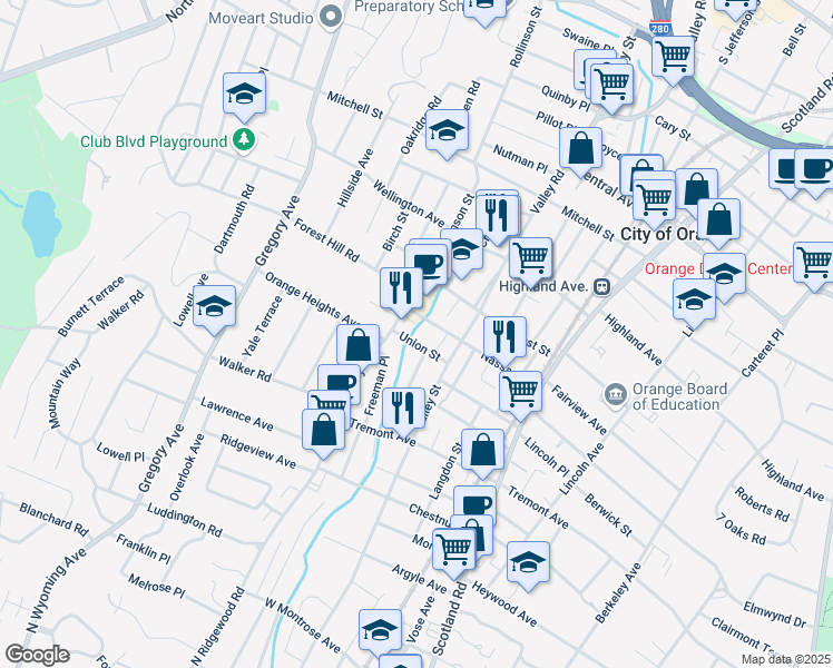 map of restaurants, bars, coffee shops, grocery stores, and more near 24 South Valley Road in West Orange