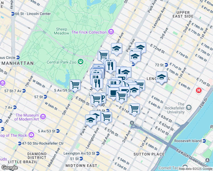 map of restaurants, bars, coffee shops, grocery stores, and more near 112 East 63rd Street in New York