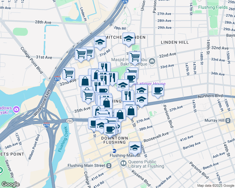 map of restaurants, bars, coffee shops, grocery stores, and more near 136-45 35th Avenue in Queens