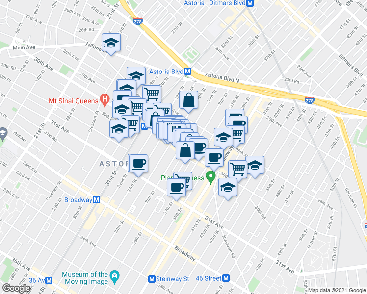 map of restaurants, bars, coffee shops, grocery stores, and more near 34-14 30th Avenue in Queens