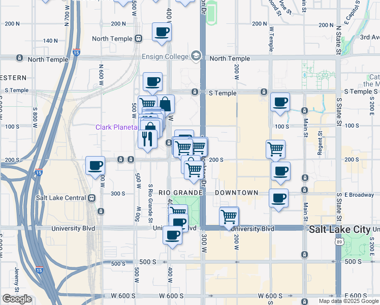 map of restaurants, bars, coffee shops, grocery stores, and more near 342 West 200 South in Salt Lake City