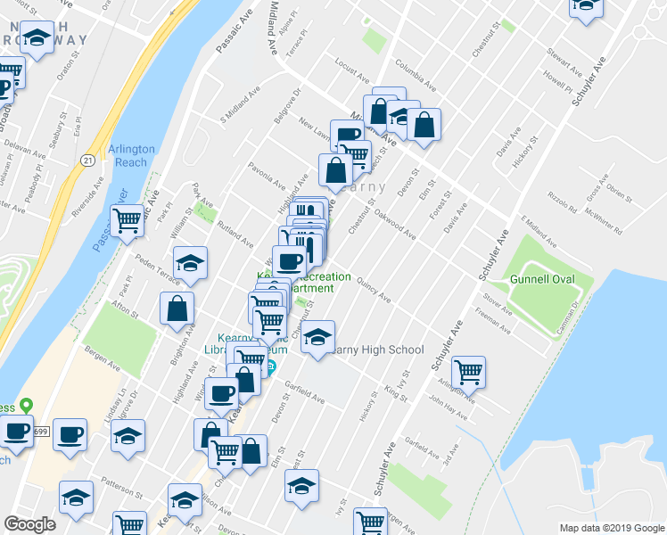map of restaurants, bars, coffee shops, grocery stores, and more near 418 Chestnut Street in Kearny