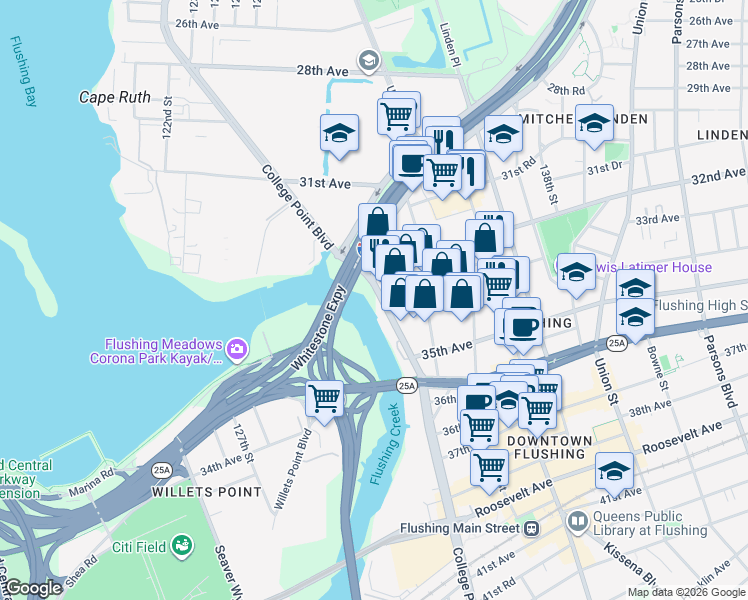 map of restaurants, bars, coffee shops, grocery stores, and more near 33-14 College Point Boulevard in Queens