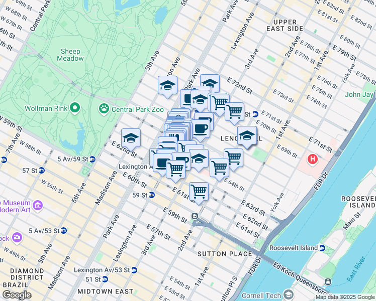 map of restaurants, bars, coffee shops, grocery stores, and more near 144 East 65th Street in New York