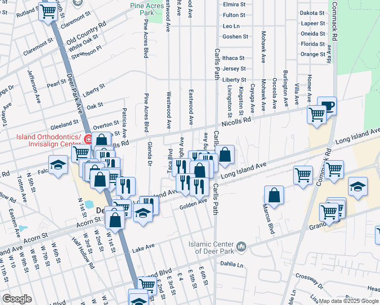 map of restaurants, bars, coffee shops, grocery stores, and more near 48 Eastwood Avenue in Deer Park