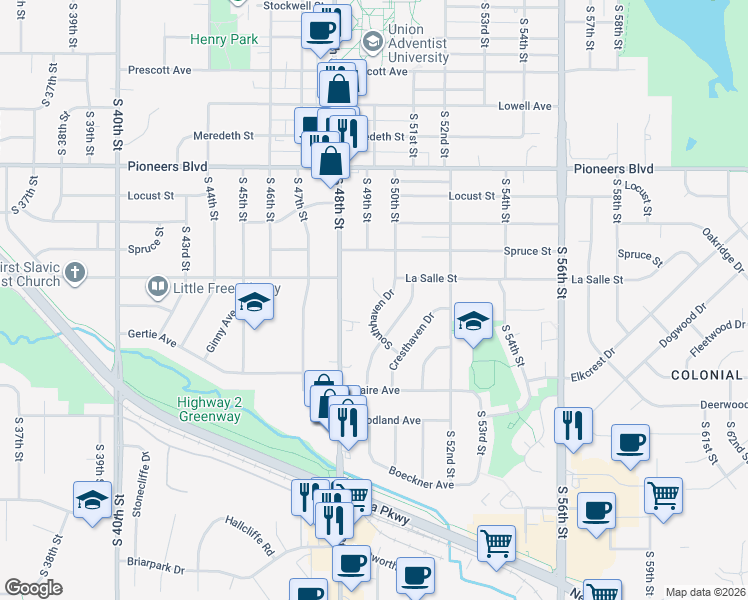 map of restaurants, bars, coffee shops, grocery stores, and more near 4801 Southhaven Drive in Lincoln