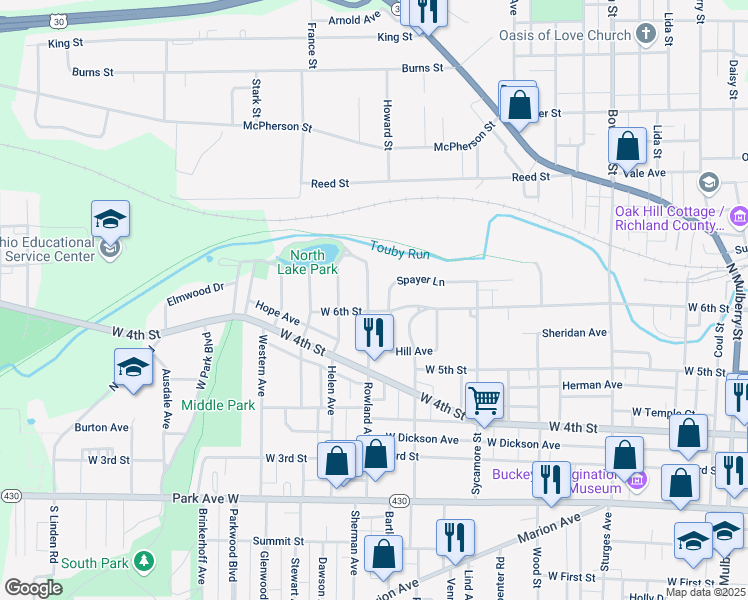 map of restaurants, bars, coffee shops, grocery stores, and more near 242 Rowland Avenue in Mansfield