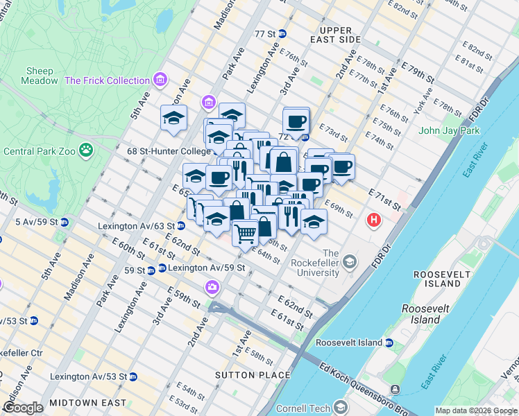 map of restaurants, bars, coffee shops, grocery stores, and more near 265 East 66th Street in New York