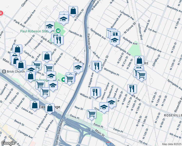 map of restaurants, bars, coffee shops, grocery stores, and more near 233 North Maple Avenue in East Orange