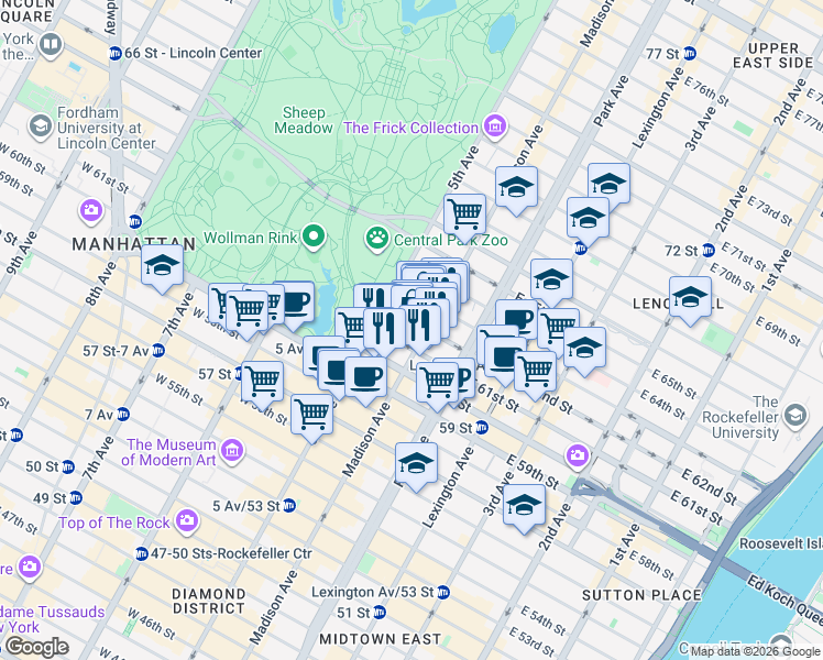 map of restaurants, bars, coffee shops, grocery stores, and more near 18 East 62nd Street in New York