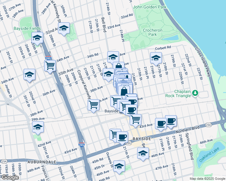 map of restaurants, bars, coffee shops, grocery stores, and more near 38-36 213th Street in Queens
