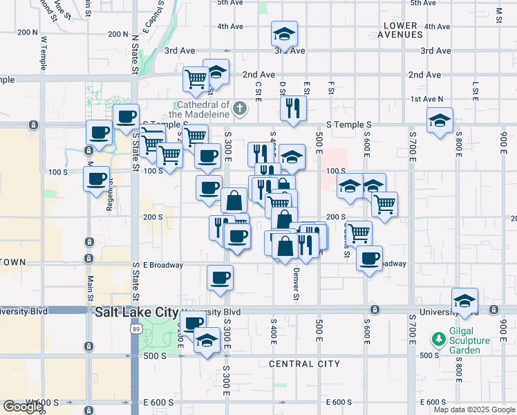 map of restaurants, bars, coffee shops, grocery stores, and more near 363 East 200 South in Salt Lake City