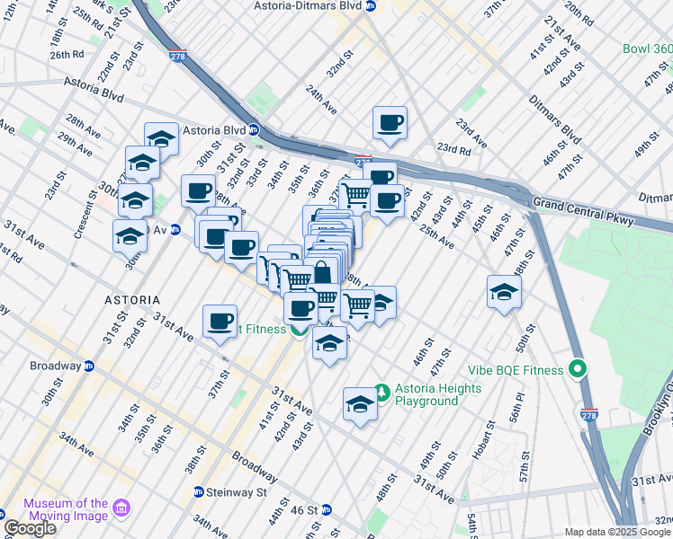 map of restaurants, bars, coffee shops, grocery stores, and more near Steinway Street & 28th Avenue in Queens