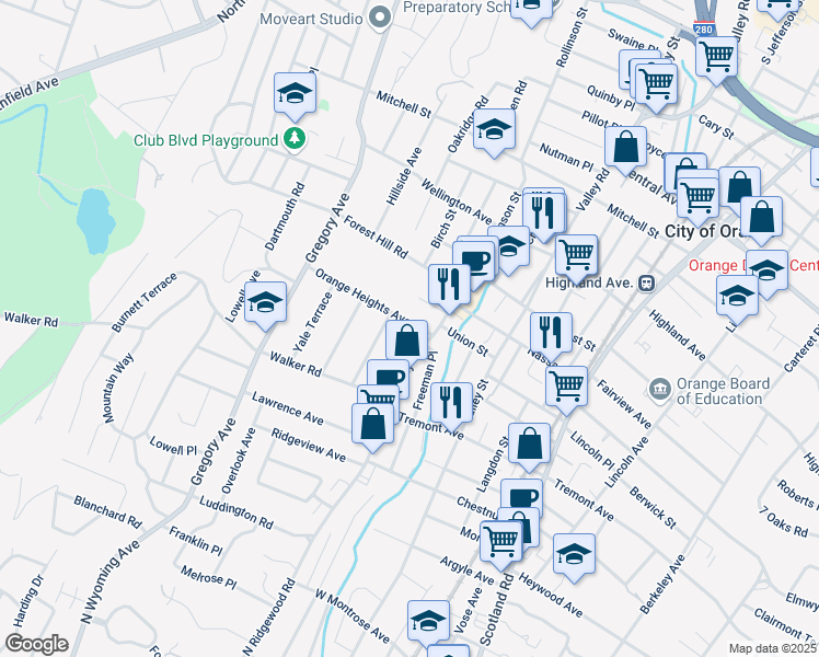 map of restaurants, bars, coffee shops, grocery stores, and more near 10 Orange Heights Avenue in West Orange