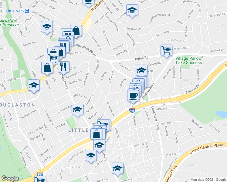 map of restaurants, bars, coffee shops, grocery stores, and more near 252-35 Leeds Road in Queens