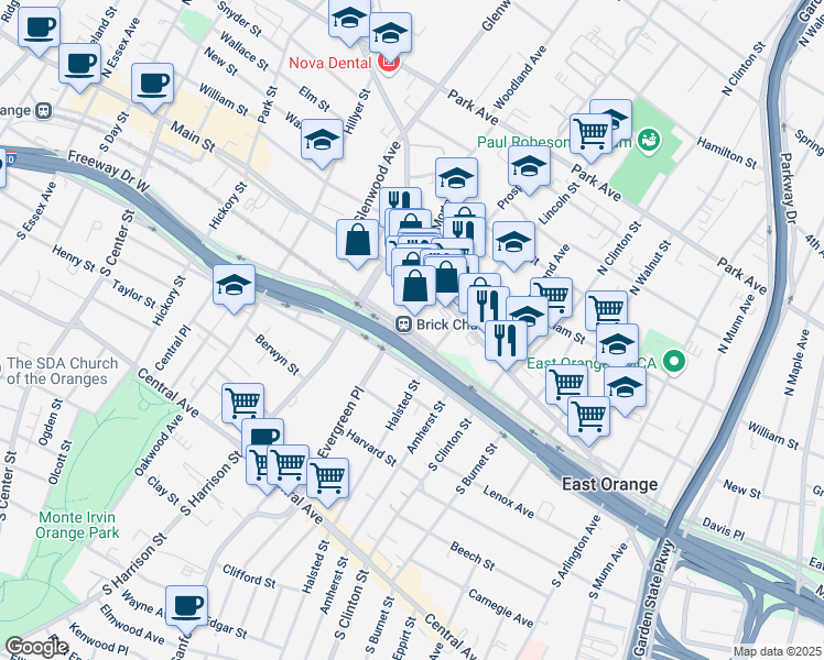 map of restaurants, bars, coffee shops, grocery stores, and more near Brick Church Plaza in East Orange