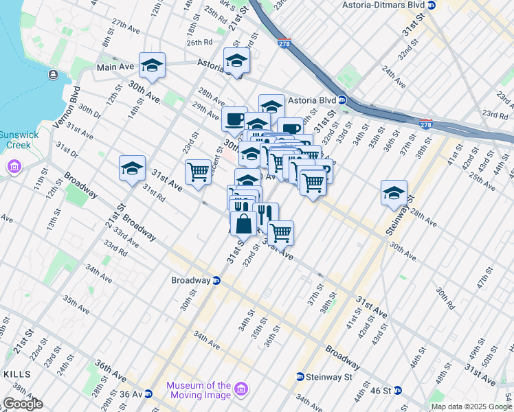 map of restaurants, bars, coffee shops, grocery stores, and more near 30-11 30th Drive in Queens