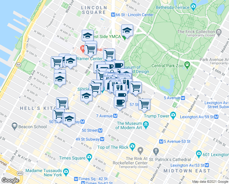 map of restaurants, bars, coffee shops, grocery stores, and more near Broadway & W 56th St in New York