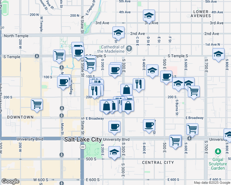 map of restaurants, bars, coffee shops, grocery stores, and more near 257 East 200 South in Salt Lake City