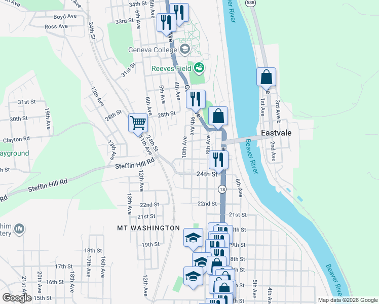 map of restaurants, bars, coffee shops, grocery stores, and more near 2515 9th Avenue in Beaver Falls