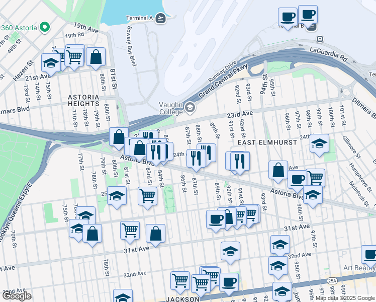 map of restaurants, bars, coffee shops, grocery stores, and more near 3582 87th Street in Queens