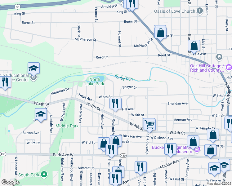 map of restaurants, bars, coffee shops, grocery stores, and more near 242 Rowland Avenue in Mansfield